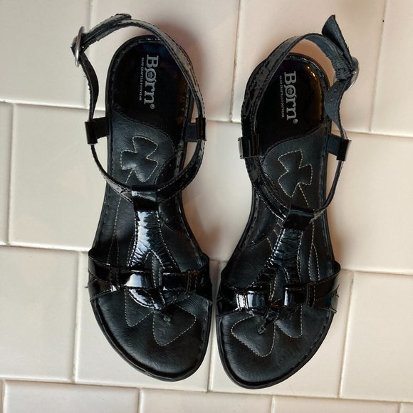 Born Shoes - Born Thong Sandals Sz 8 Black Patent Leather Sling Back Women's Comfort Casual